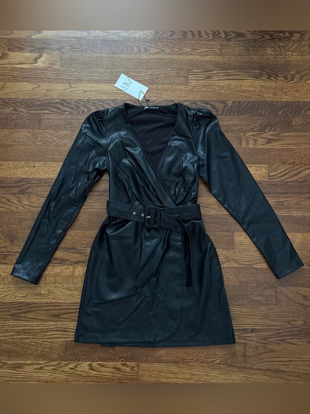 Zara faux leather long sleeve mini black dress with belt; new with tags; size XS